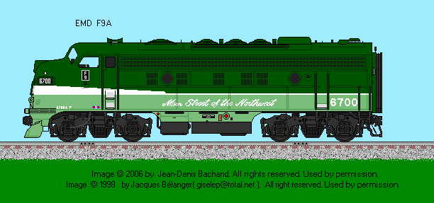 Drawing of NP F9A #6700 in a dark green over lime green carbody, with white lettering.